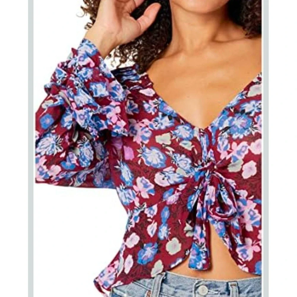 Free People Maybel Floral Print Tie Front Peplum Blouse Long Sleeve Ruffle Cuffs